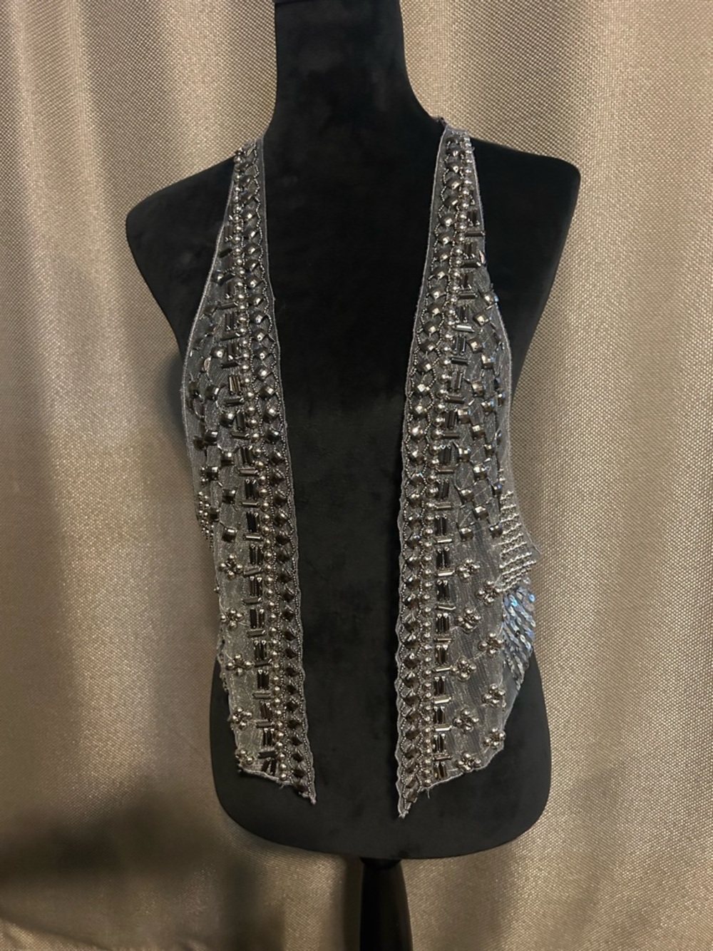 Embellished Beaded Silver Gray Open Front Vest